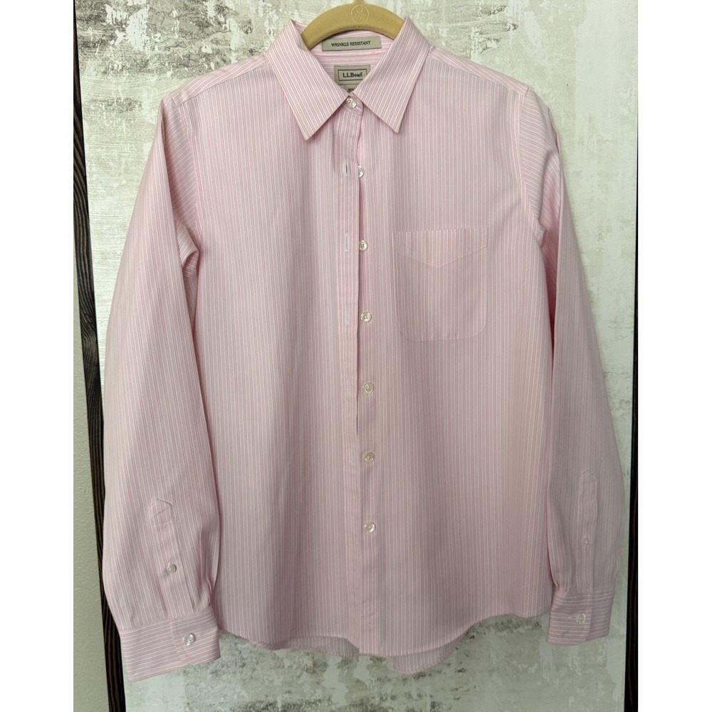LL Bean Wrinkle Free Pinpoint Oxford Button Front L/S Shirt XS Pink White Stripe